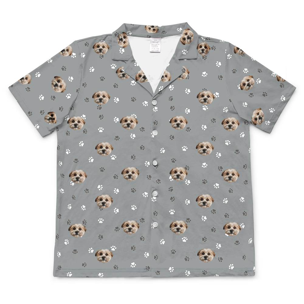 These are pajama shirt in a gray color with repeating pet faces on them[ShortSleevePajamaShirt]