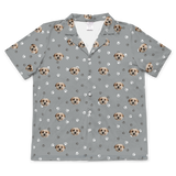 These are pajama shirt in a gray color with repeating pet faces on them[ShortSleevePajamaShirt($45.00)]