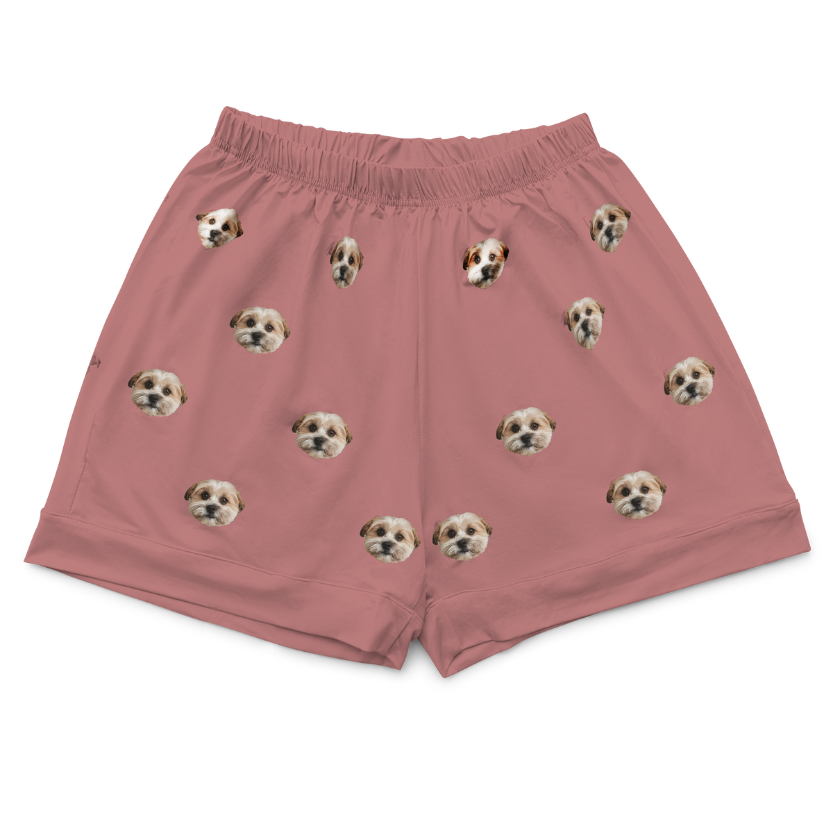 These are pajama shorts in a dusty rose color with repeating pet faces on them[DustyRosePajamaShorts($45.00)]