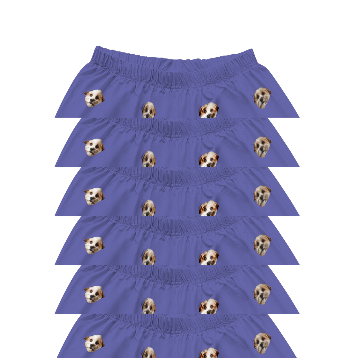 These are pajama shorts in a violet color with repeating pet faces on them[GrapePajamaShorts($45.00)]