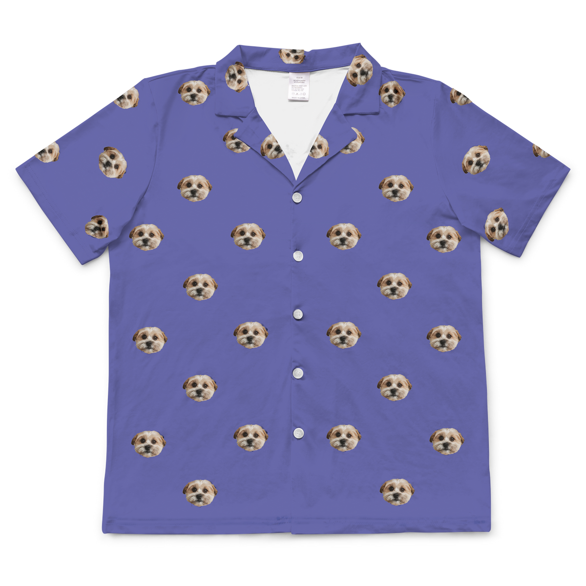 These are pajama shirt in a violet color with repeating pet faces on them[GrapeShortSleevePajamaShirt($45.00)]