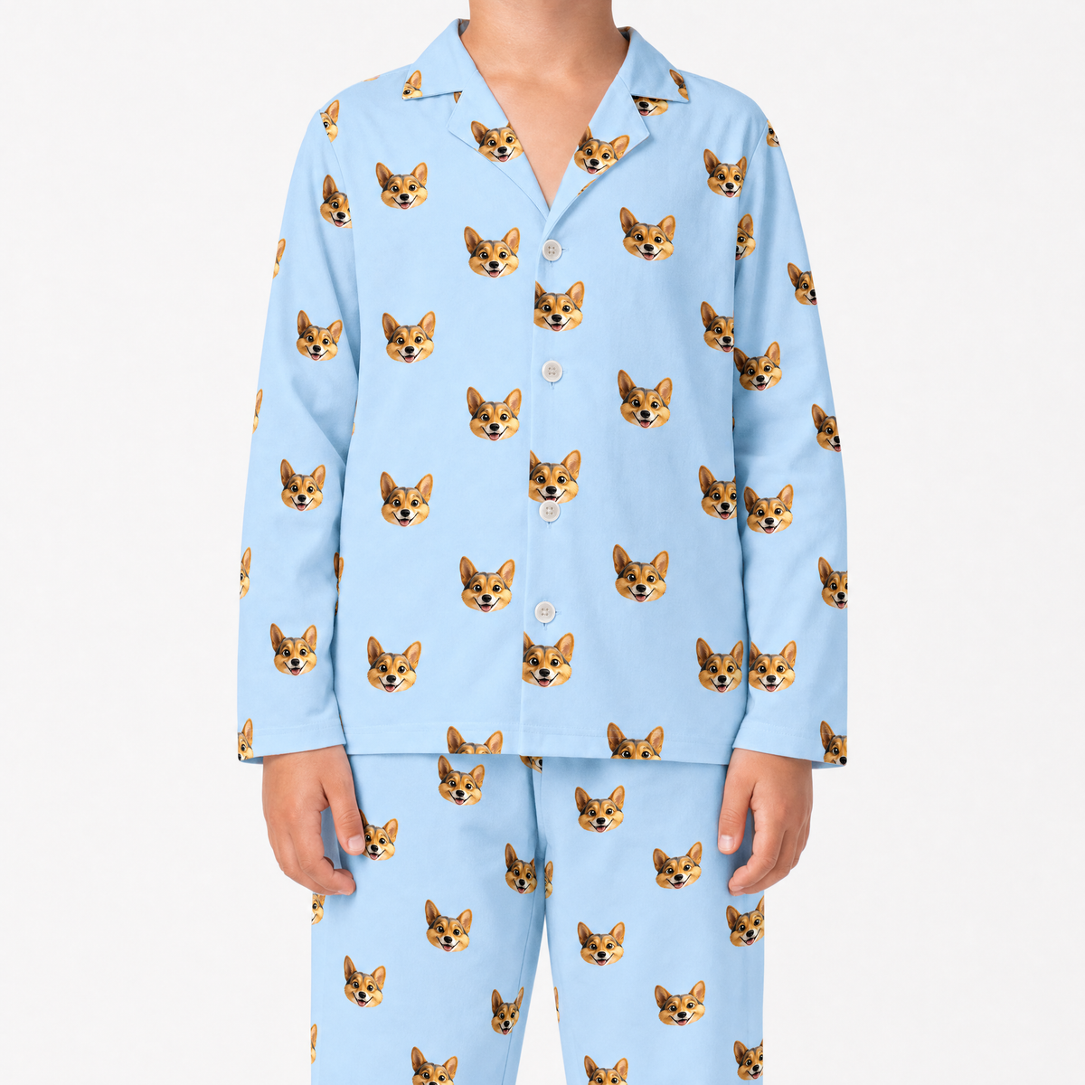 Sky blue pajama set with corgi pattern on a white background