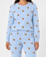 Light blue jogger pajama set with dog pattern on a plain background