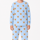 Sky blue jogger pajama set with orange cat faces on a white background