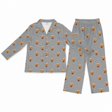 Gray pajama set with dog face pattern on a white background