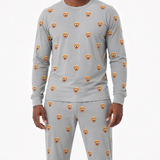 Gray jogger pajama set with small dog faces on a white background