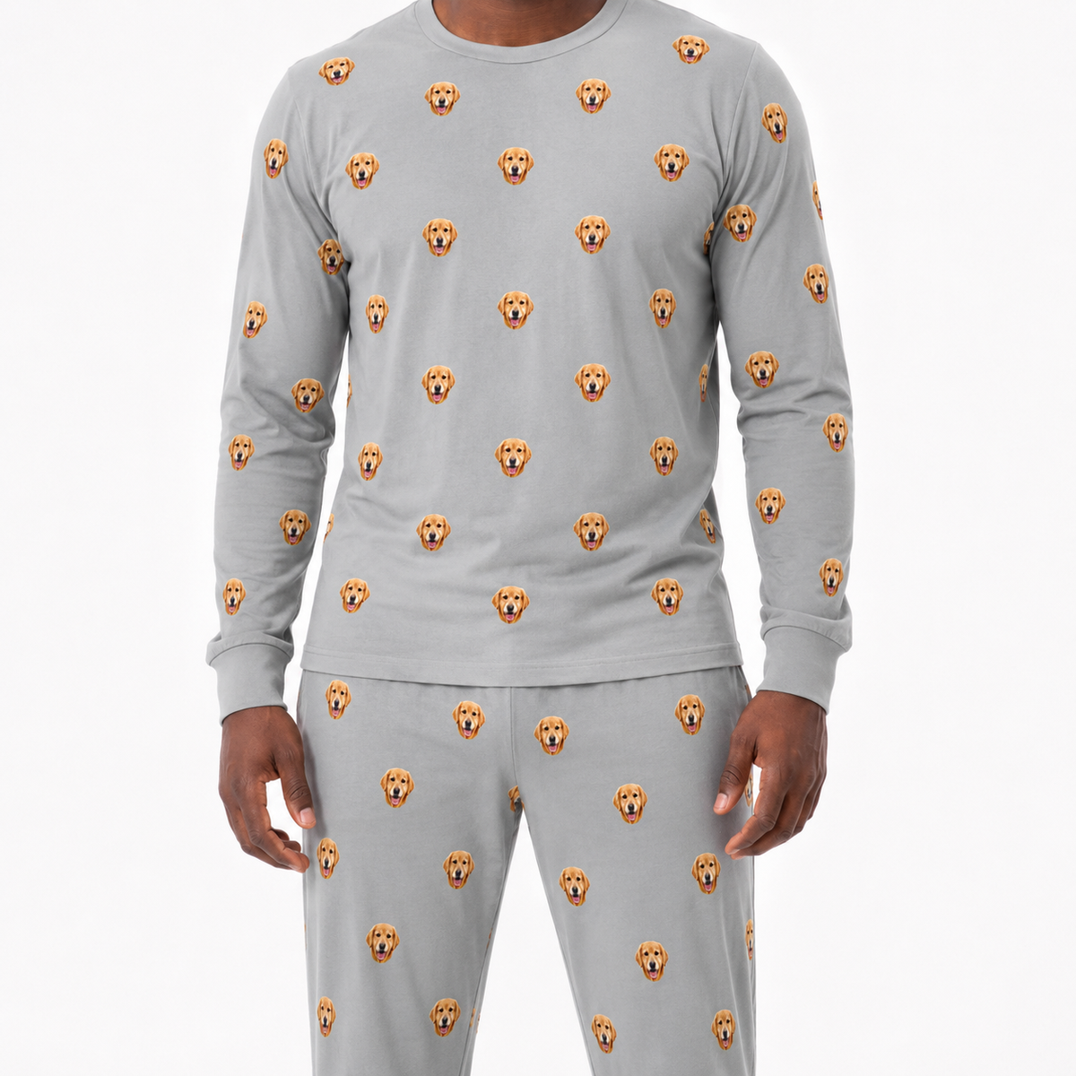 Gray jogger pajama set with small dog faces on a white background