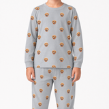 Gray jogger pajama set with dog face pattern on a white background