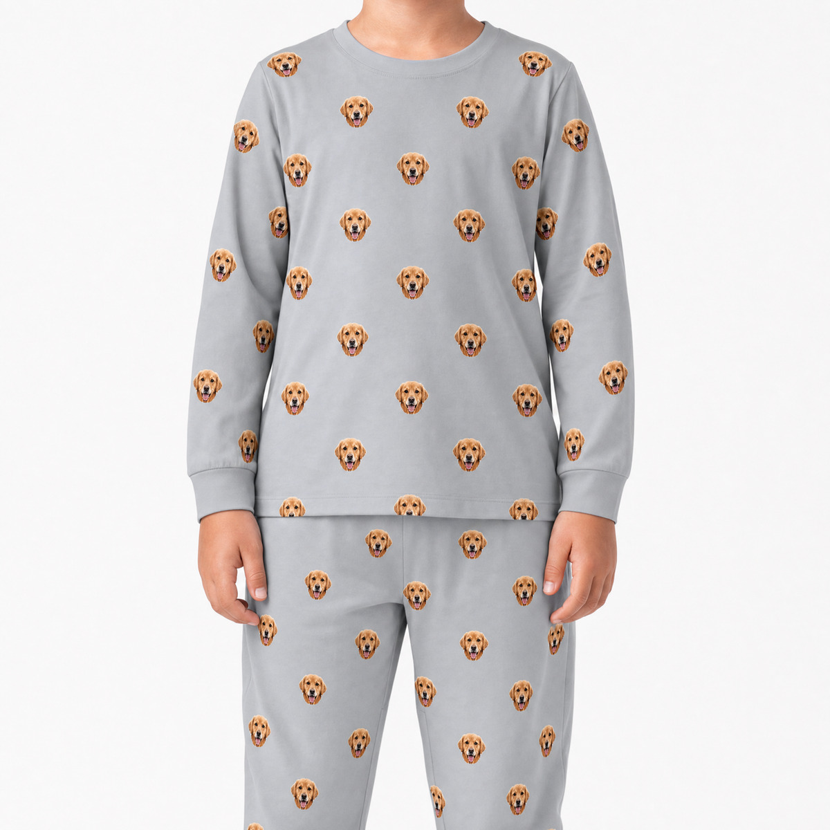 Gray jogger pajama set with dog face pattern on a white background