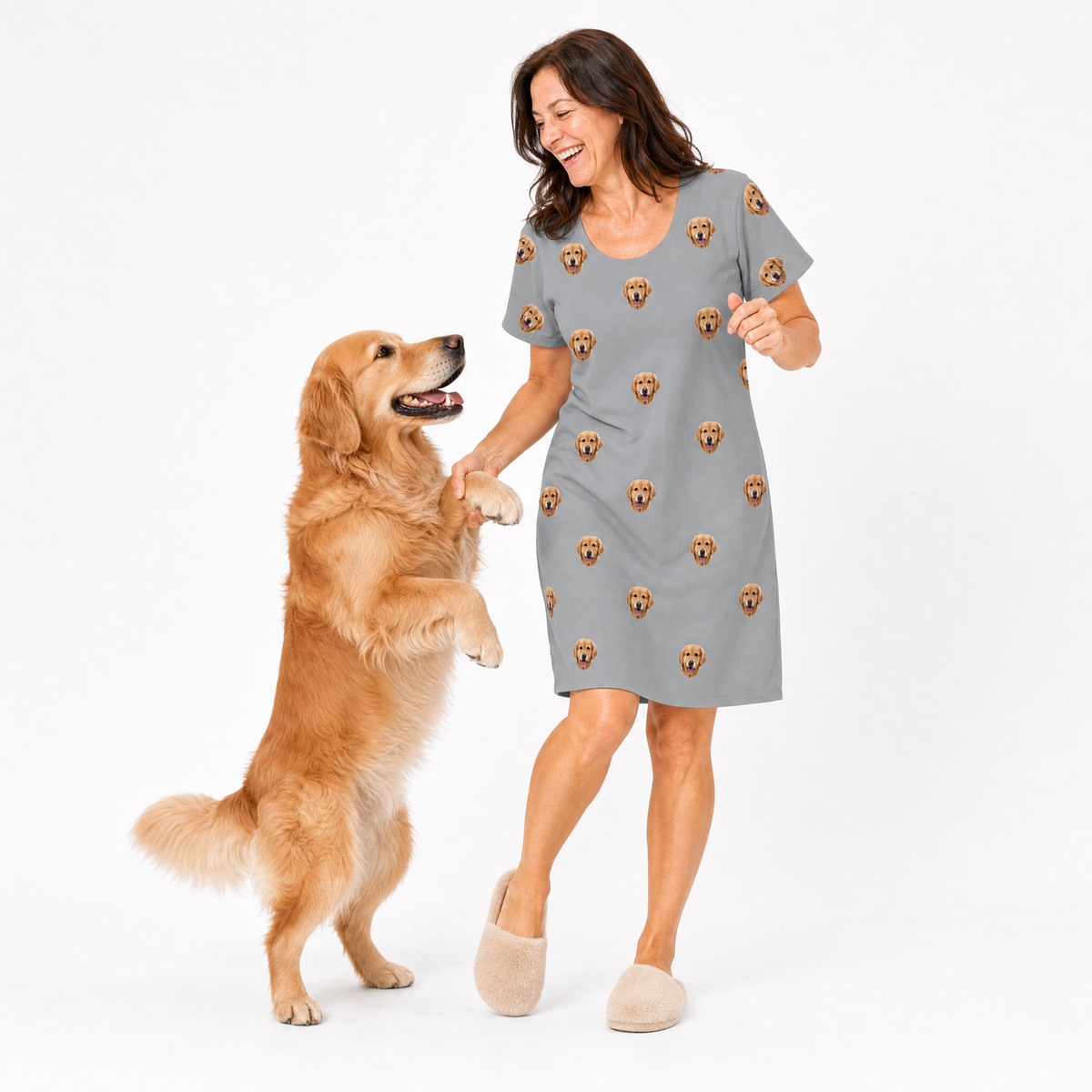 Slate gray kids fleece blanket hoodie theme – person in golden retriever-print dress holding paws with golden retriever.