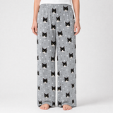 Gray pajama pants with black cat pattern on a white background