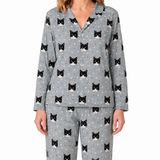 Gray pajama set with black cat pattern on a white background