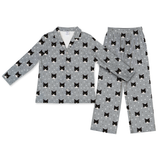 Gray pajama set with black cat pattern on a white background