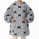 Gray blanket hoodie with black and white cat pattern on a white background