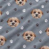 Close-up of the Slate Gray Paws print showing custom pet faces and white paw prints on a gray fabric