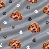 Close-up of the Slate Gray Paws print showing custom pet faces and white paw prints on a gray fabric