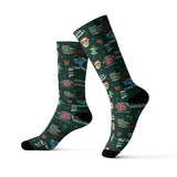 Maroon socks with dog pattern on a white background