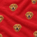 Close-up of the Solid Red print showing custom pet faces repeated across a bright red fabric