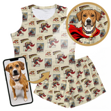 Superhero-themed dog outfit with matching sleeveless shirt and shorts, featuring a dog wearing a superhero costume.