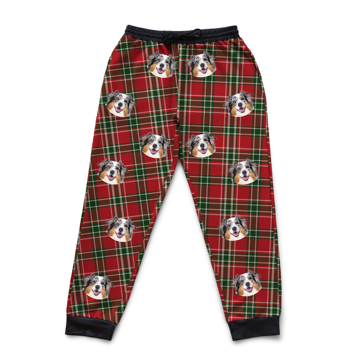 These are sweatpants in a Christmas Plaid print with repeating pet faces on them[ChristmasPlaidSweatpants]