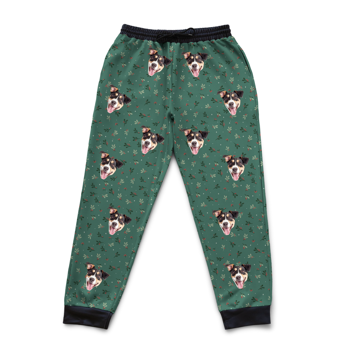 These are sweatpants in a Mistletoe print with repeating pet faces on them[MistletoeSweatpants]