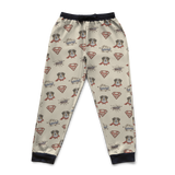 Superman-themed pajama pants with logos and characters on a blue background[OriginalSupermanSketch]
