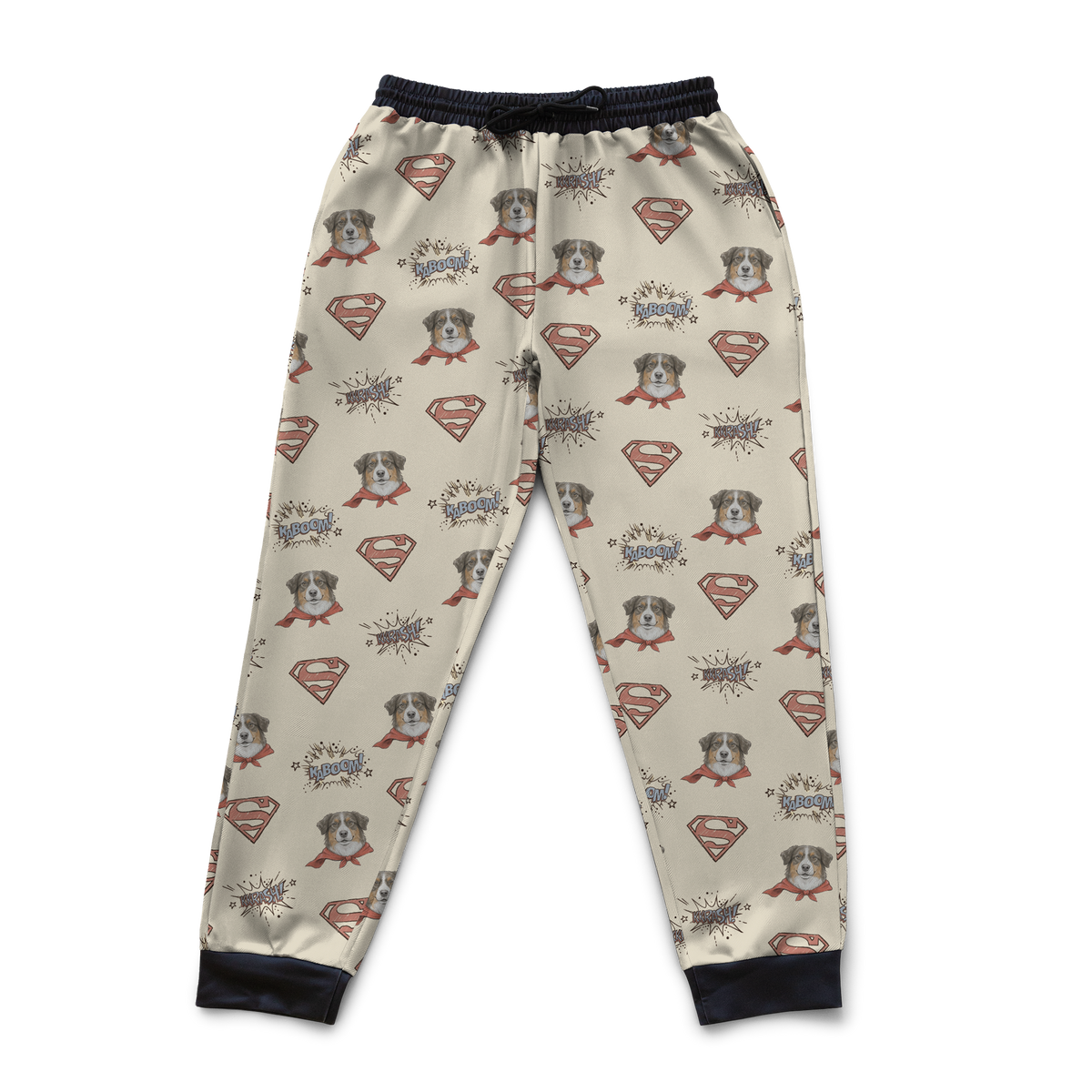 Superman-themed pajama pants with logos and characters on a blue background[OriginalSupermanSketch]