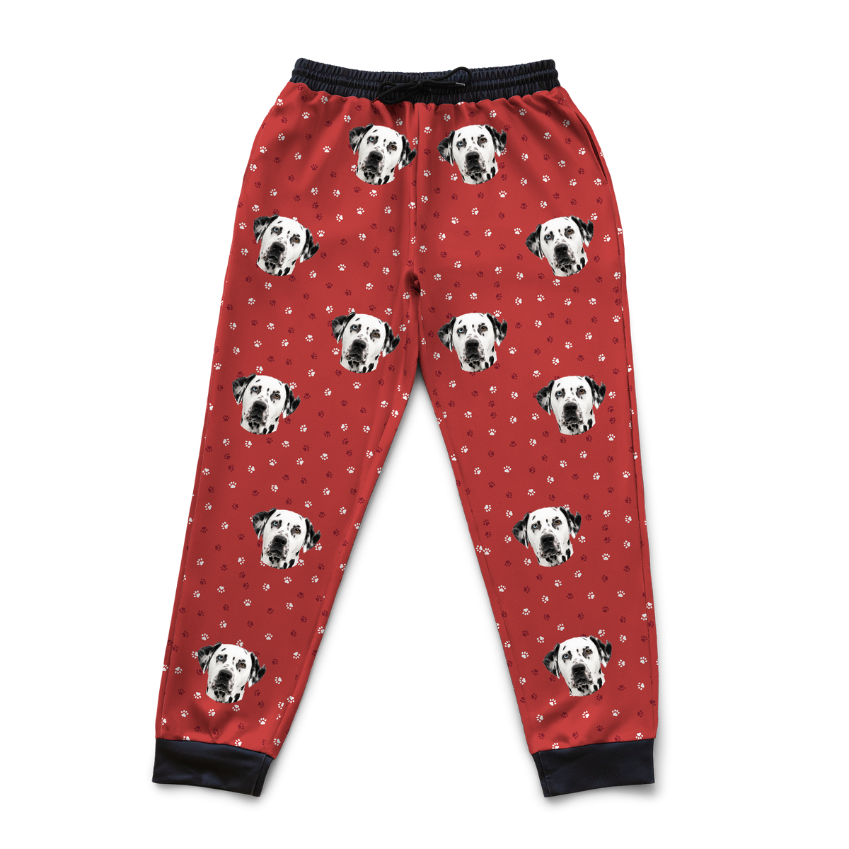 These are sweatpants in a Red Paws print with repeating pet faces on them[RedPawsSweatpants]