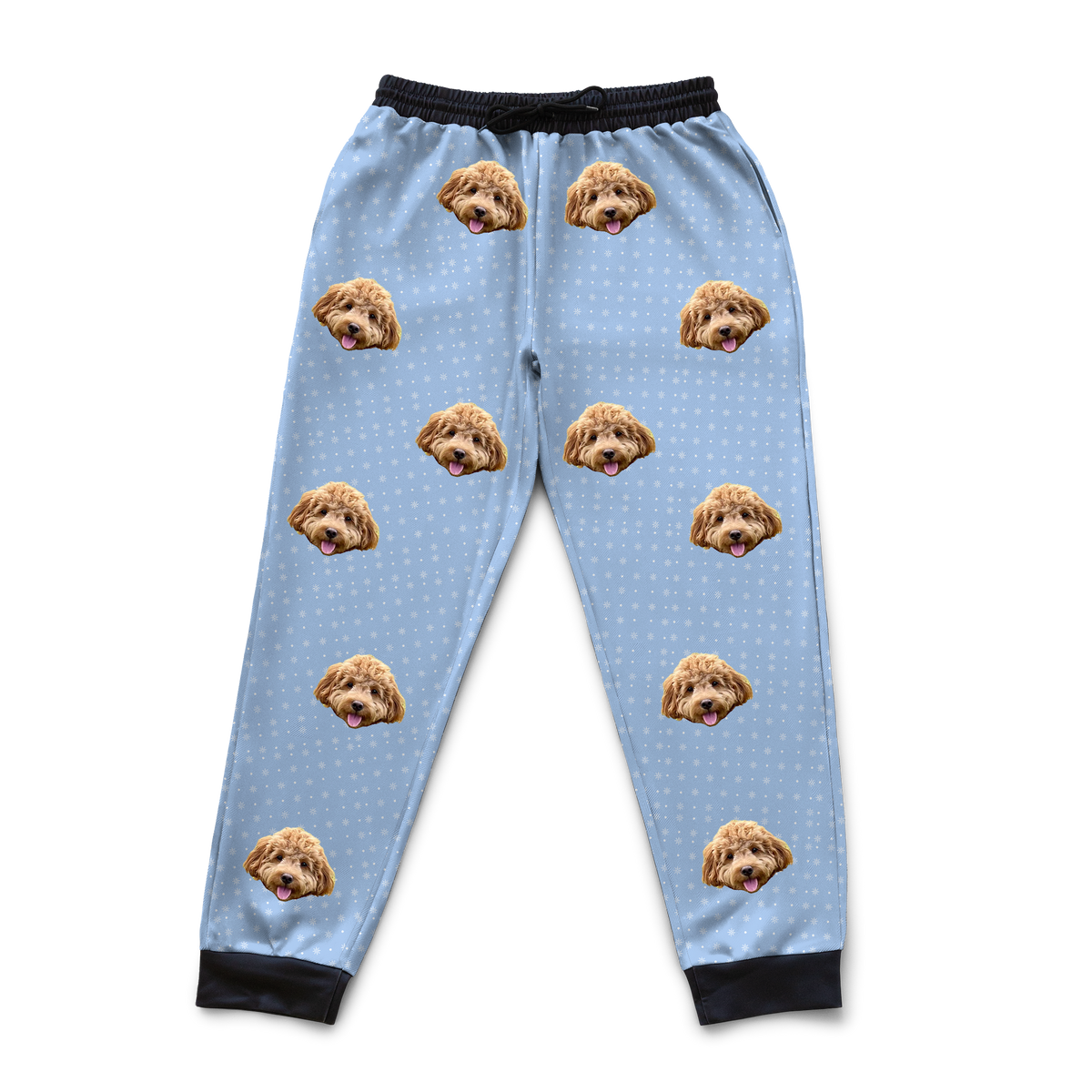 These are sweatpants in a Snowflakes print with repeating pet faces on them[SnowflakesSweatpants]