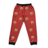 These are sweatpants in a Solid Red print with repeating pet faces on them[SolidRedSweatpants]