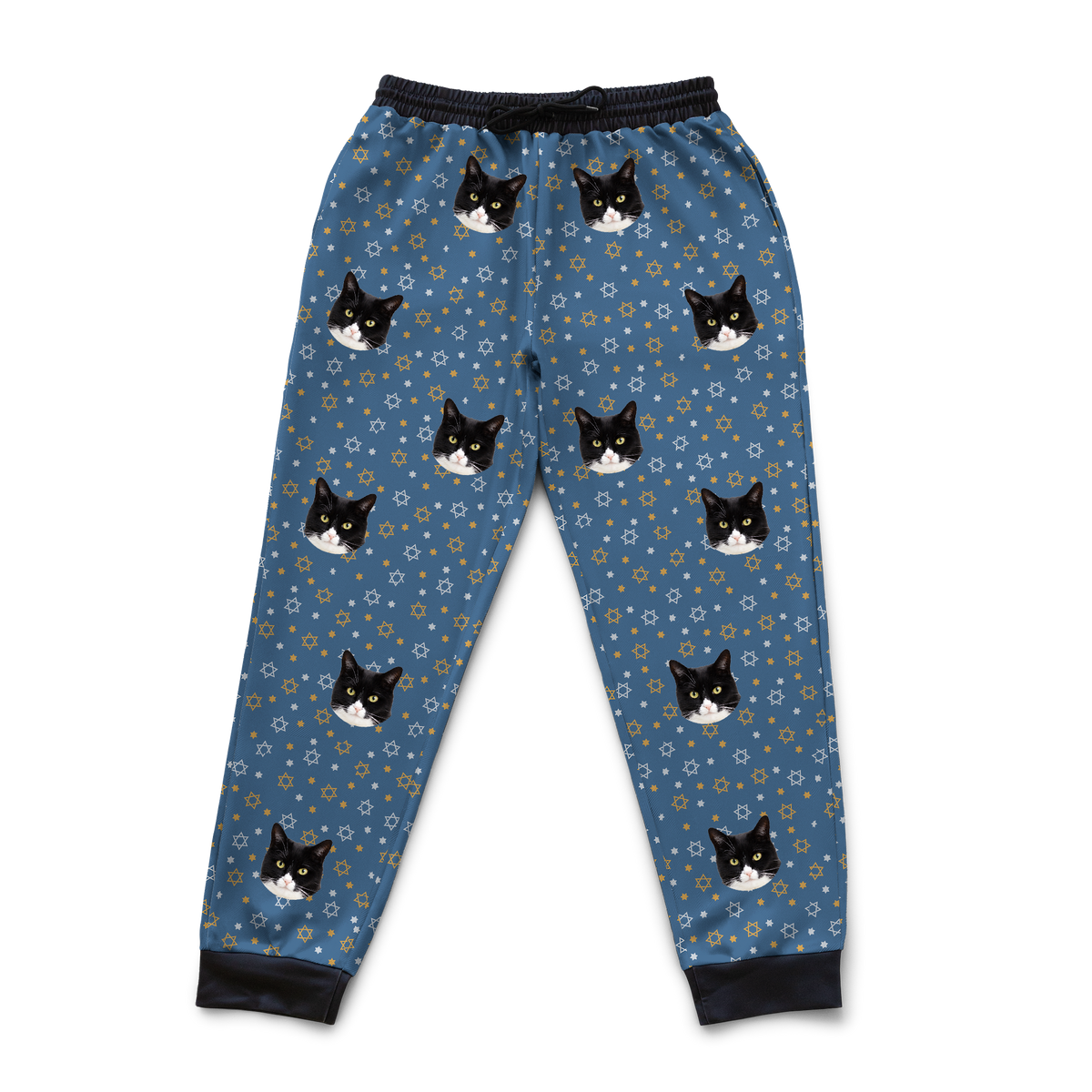 These are sweatpants in a Star of David print with repeating pet faces on them[StarofDavidSweatpants]