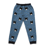 These are sweatpants in a Star of David print with repeating pet faces on them[StarofDavidSweatpants]