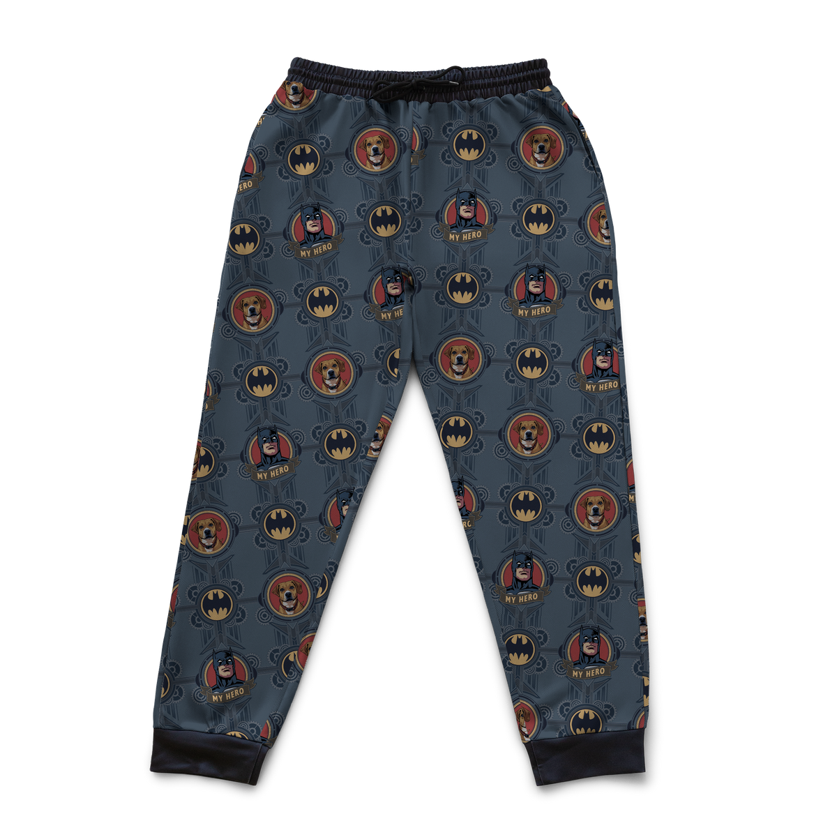 Sweatpants with Dark Knight pattern on a white background