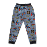 Superman-themed pajama pants with logos and characters on a blue background[ManOfSteelComicBook]