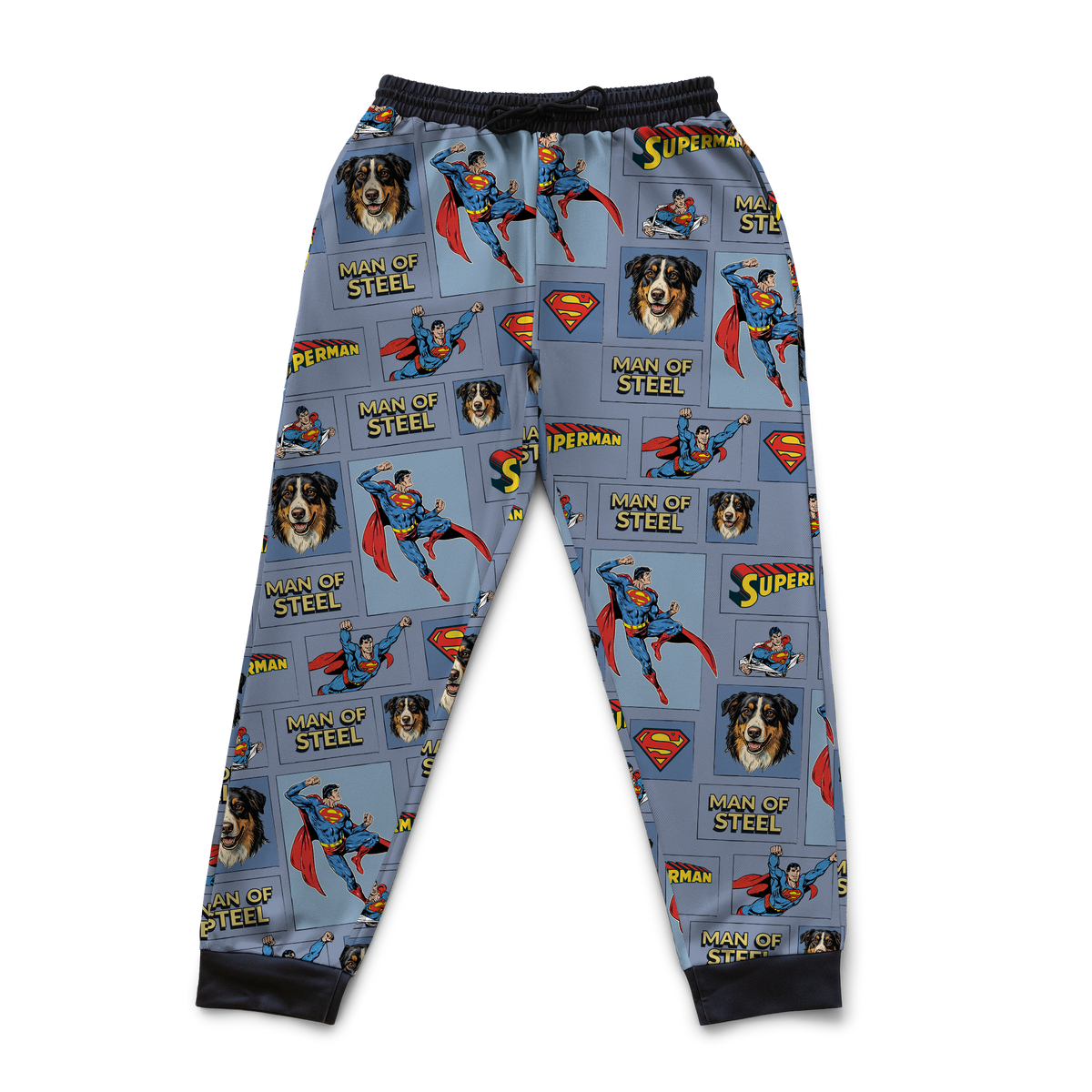 Superman-themed pajama pants with logos and characters on a blue background[ManOfSteelComicBook]