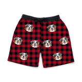 These are sweatshorts in a Buffalo Plaid print with repeating pet faces on them[BuffaloPlaidSweatshorts]