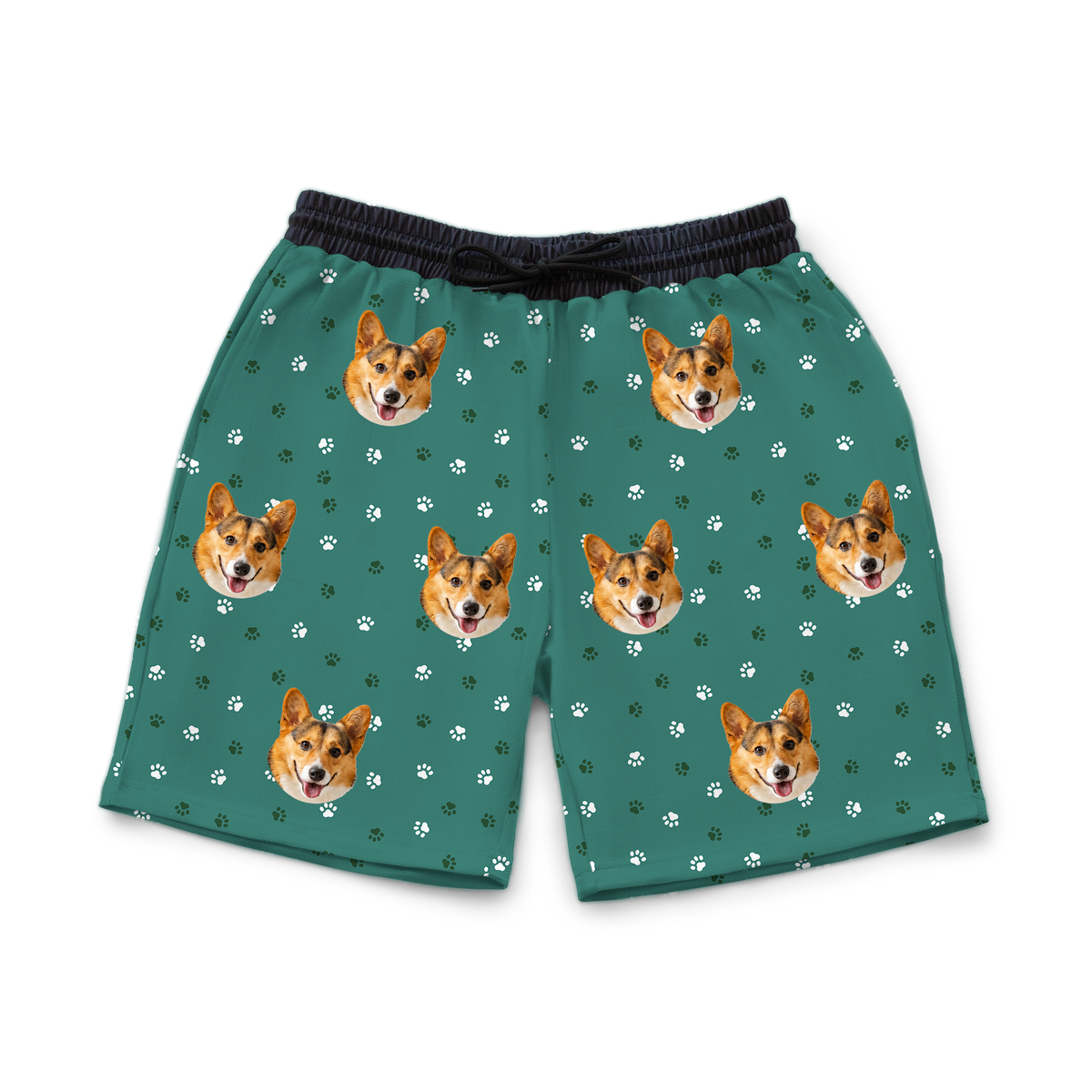 These are sweatshorts in a Green Paws print with repeating pet faces on them[GreenPawsSweatshorts]
