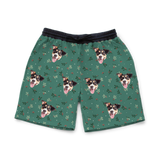 These are sweatshorts in a Mistletoe print with repeating pet faces on them[MistletoeSweatshorts]