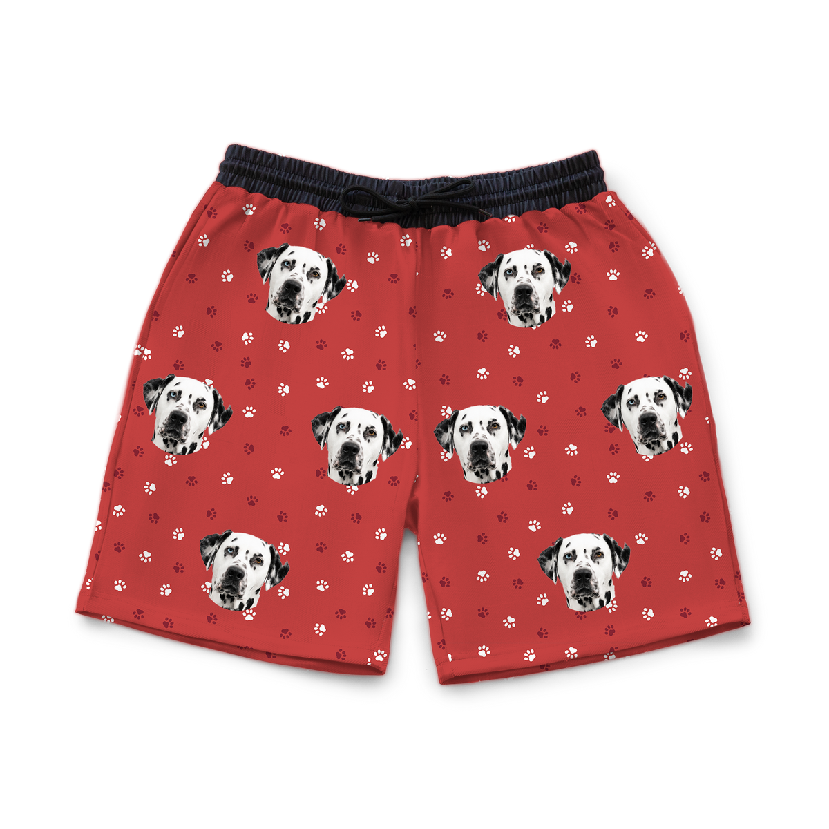 These are sweatshorts in a Red Paws print with repeating pet faces on them[RedPawsSweatshorts]