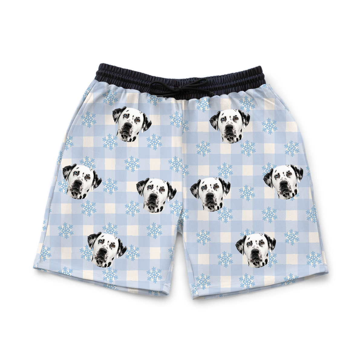 These are sweatshorts in a Snowy Gingham print with repeating pet faces on them[SnowyGinghamSweatshorts]