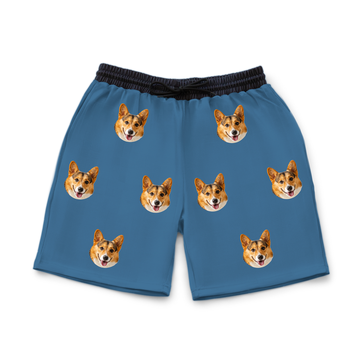 These are sweatshorts in a Solid Blue print with repeating pet faces on them[SolidBlueSweatshorts]