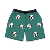 These are sweatshorts in a Solid Green print with repeating pet faces on them[SolidGreenSweatshorts]