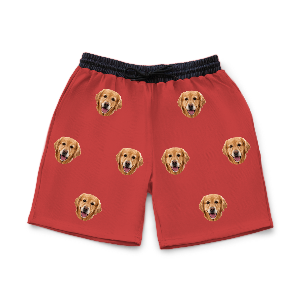 These are sweatshorts in a Solid Red print with repeating pet faces on them[SolidRedSweatshorts]
