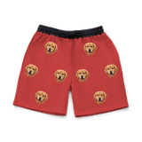 These are sweatshorts in a Solid Red print with repeating pet faces on them[SolidRedSweatshorts]