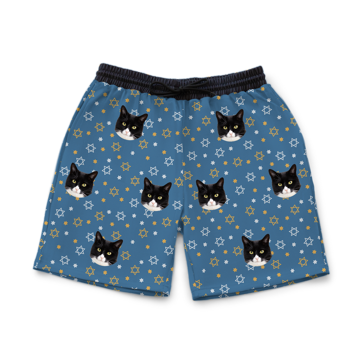 These are sweatshorts in a Star of David print with repeating pet faces on them[StarofDavidSweatshorts]