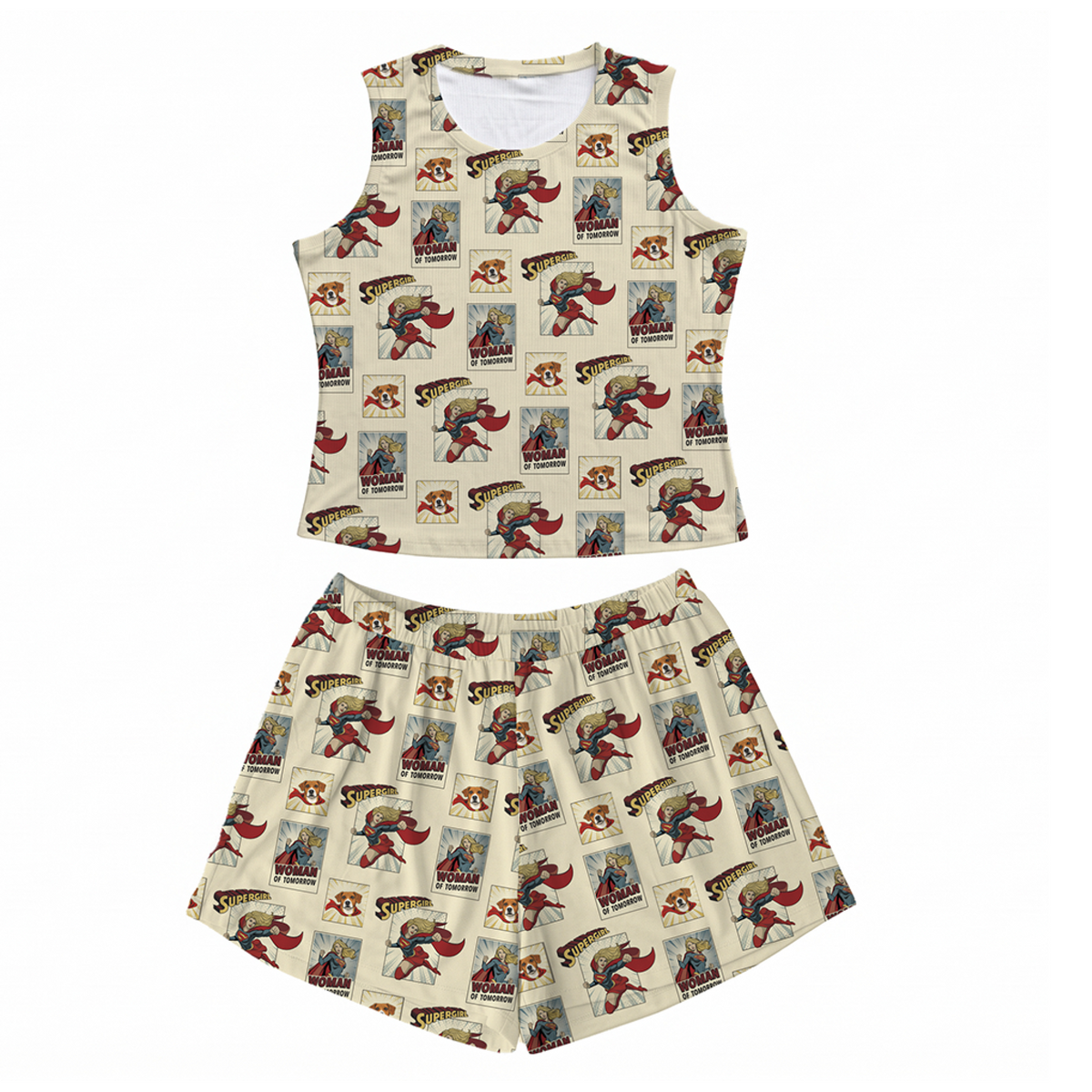 Tank top and shorts set with vintage-style superhero print on a white background[SupergirlComicBook]