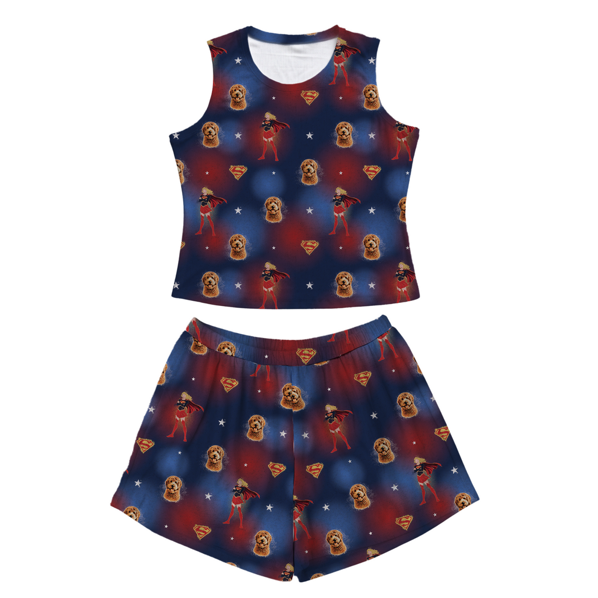 Supergirl-themed tank top and shorts set on a white background
