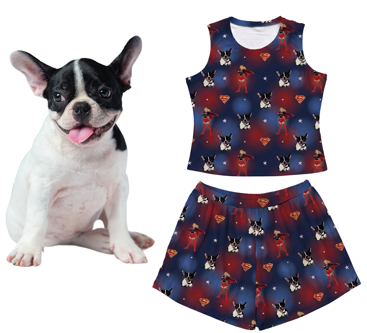 Dog with a matching superhero-themed tank top and shorts set on a white background