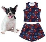 Dog with a matching superhero-themed tank top and shorts set on a white background