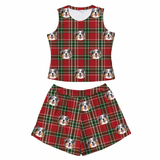This is a Christmas Plaid print pajama set with a tank top and high-waisted pajama shorts covered in repeating pet faces[ChristmasPlaidTankTopPajamaSet]
